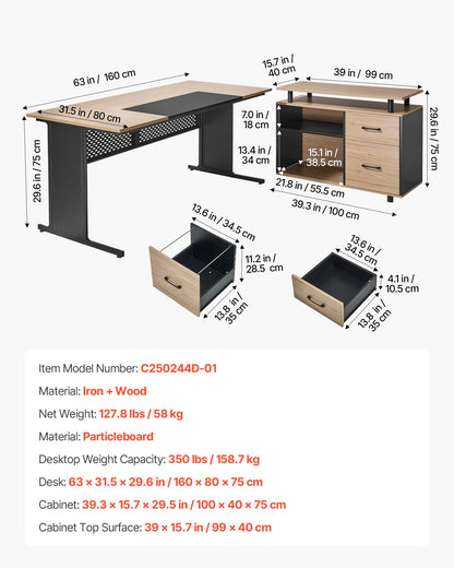 L-Shaped Executive Desk, Modern Reversible Office Table with Drawers & Storage Cabinet, Heavy Duty Large Wooden Executive Table, 158.7 KG Load Capacity, Easy Assembly, for Work Study Writing