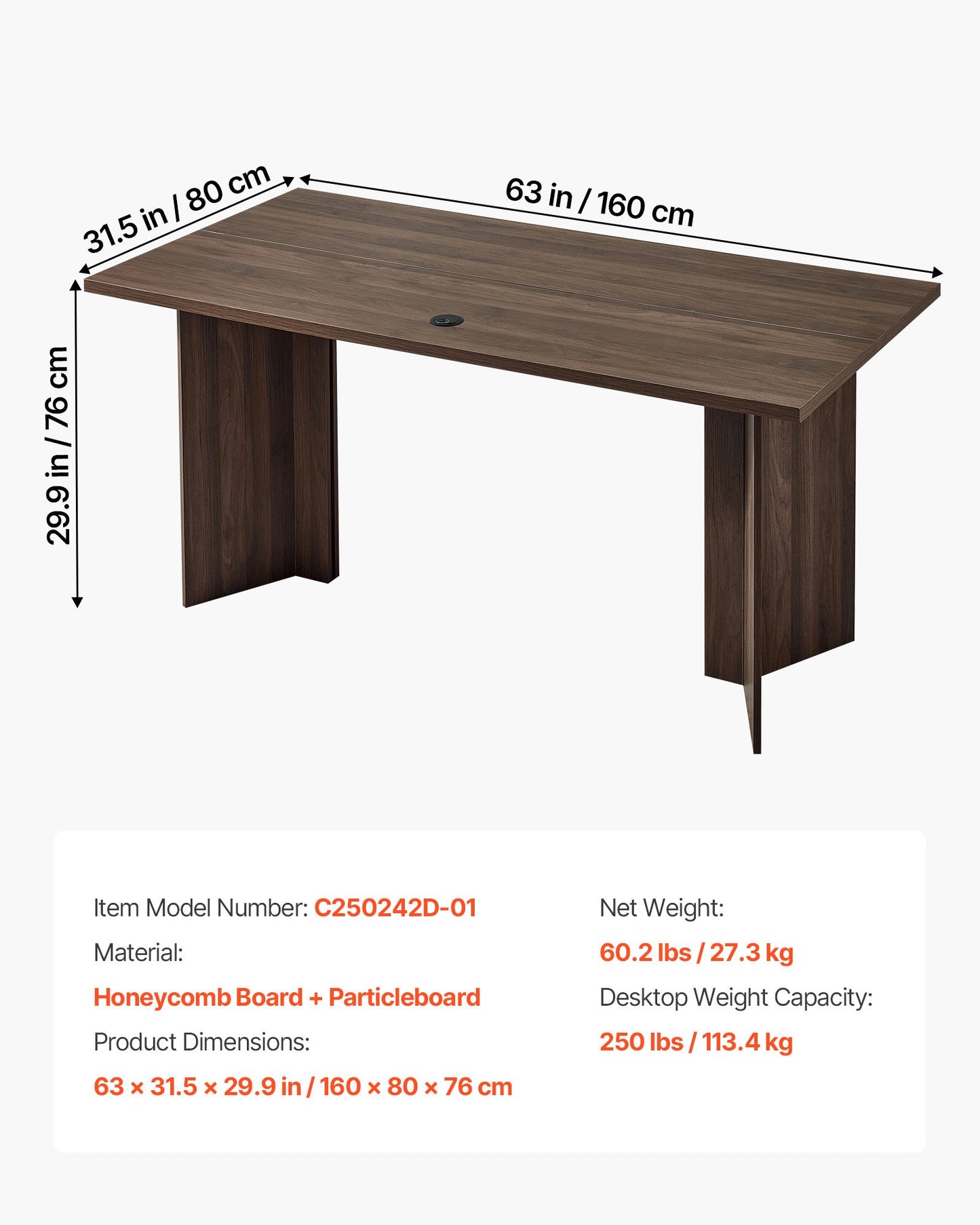 63 in Executive Desk, Large Modern Rectangle Office Table, Heavy Duty Wooden Executive Table with Cable Connection Hole, 113 KG Load Capacity, Easy Assembly, for Work Study Writing, Walnut
