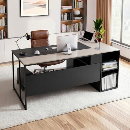 L-Shaped Executive Desk, Large Modern Office Table with Drawers & Storage Cabinet, Heavy Duty Wooden Executive Table with CPU Stand, 158.7 KG Load Capacity, Easy Assembly, for Work Study Writing