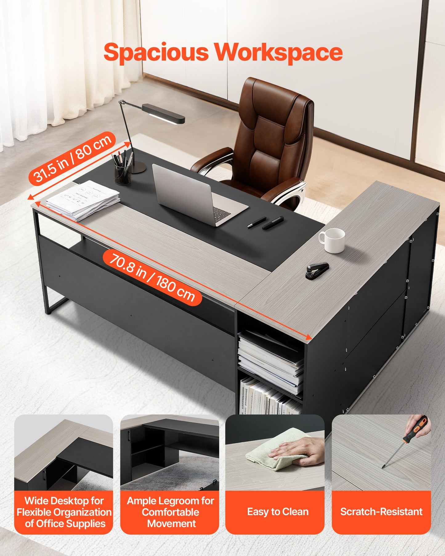 L-Shaped Executive Desk, Large Modern Office Table with Drawers & Storage Cabinet, Heavy Duty Wooden Executive Table with CPU Stand, 158.7 KG Load Capacity, Easy Assembly, for Work Study Writing