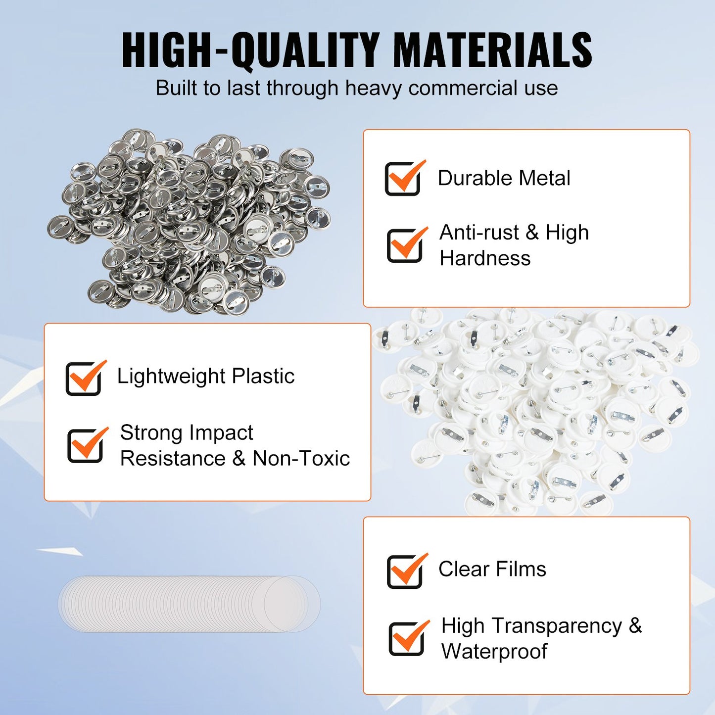 500 set med 2,5 cm delar till bakknappar, gör-det-själv runda knappdelar till märken, setet innehåller metalltopp, plast-/metallknapp, genomskinlig film och blankt papper för presenter, maskin ingår ej