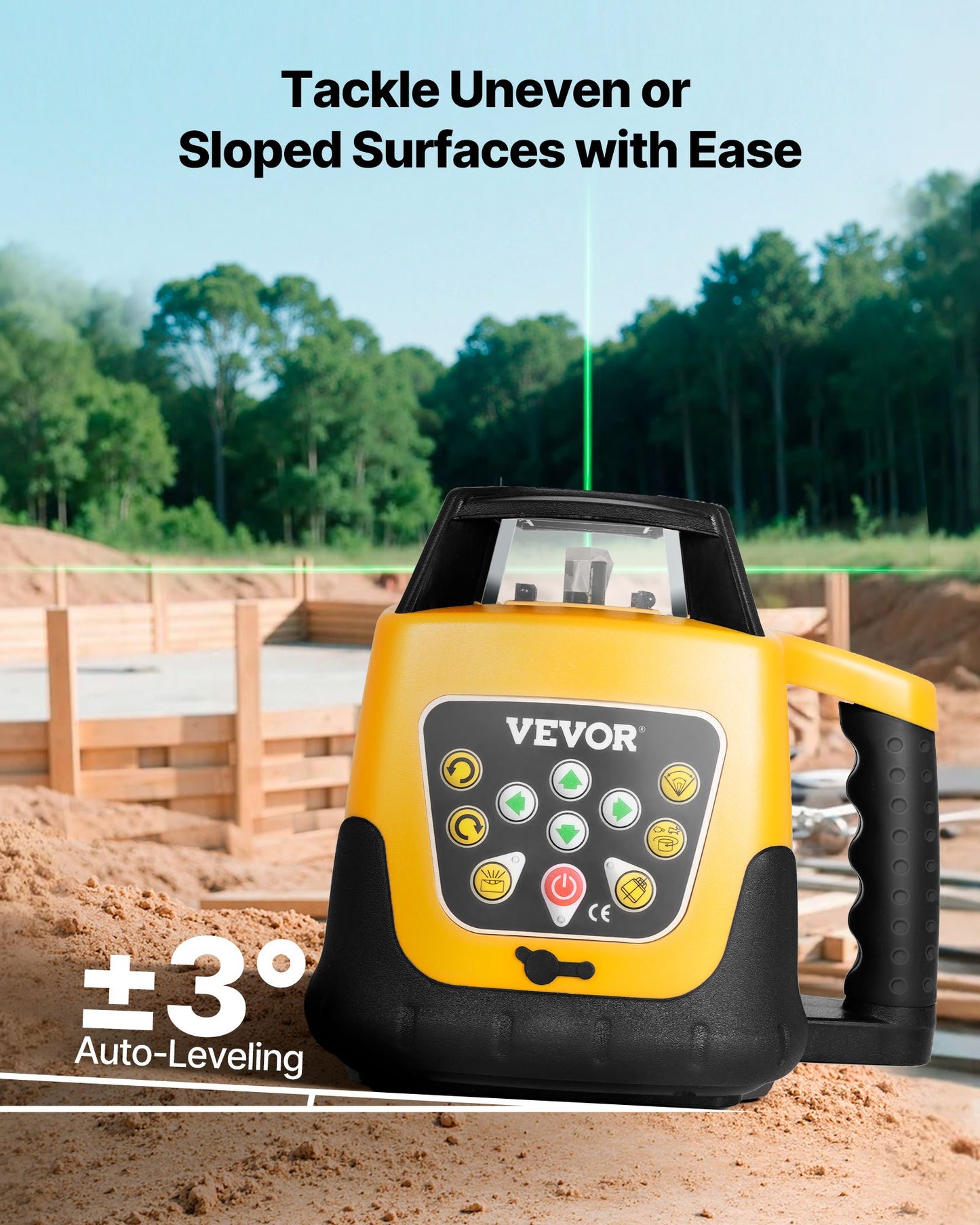 Roterande lasernivåkit, grön stråle 500 m räckvidd, lutningsjusterbar 360 graders roterande, självnivellerande, flexibel skanningsvinkel och IP54-vattentät, noggrann med fjärrkontrollmottagare, bärväska