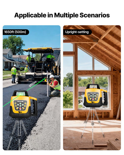 Roterande lasernivåkit, grön stråle 500 m räckvidd, lutningsjusterbar 360 graders roterande, självnivellerande, flexibel skanningsvinkel och IP54-vattentät, noggrann med fjärrkontrollmottagare, bärväska