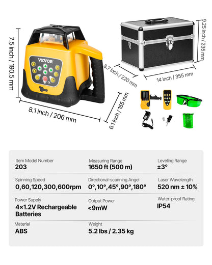 Roterande lasernivåkit, grön stråle 500 m räckvidd, lutningsjusterbar 360 graders roterande, självnivellerande, flexibel skanningsvinkel och IP54-vattentät, noggrann med fjärrkontrollmottagare, bärväska