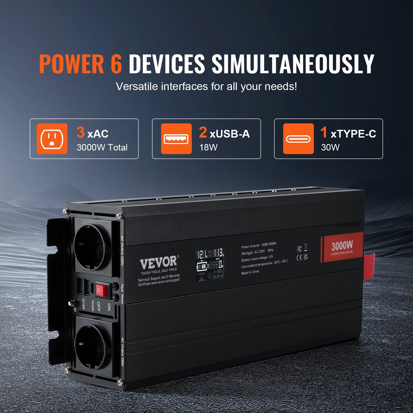 Modified Sine Wave Inverter, 3000Watt, DC 12V to AC 230V LCD Display Power Inverter with 3 AC Outlets 2 USB Port 1 Type-C Port 10 Spare Fuses, for Large Household Equipment, CE FCC Certified