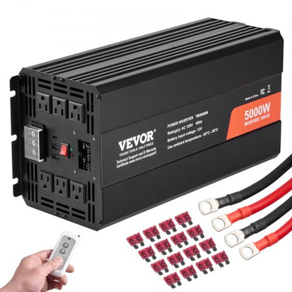 Modifierad sinusvågsväxelriktare, 5000W, DC 12V till AC 230V växelriktare med 2 AC-uttag, 2 USB-portar, 1 typ-C-port, LCD-skärm och fjärrkontroll för hushållsapparater med hög belastning, CE FCC-certifierad