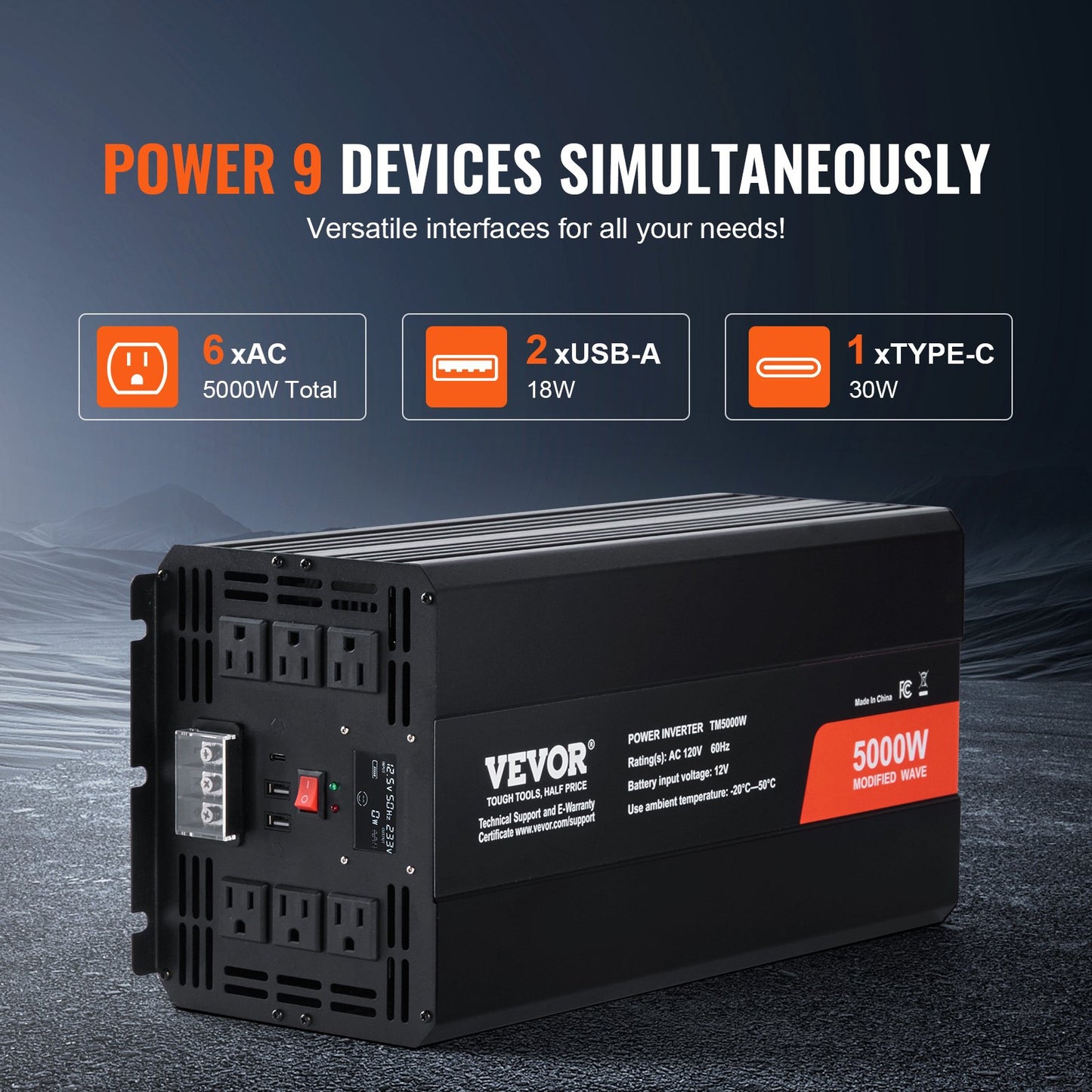 Modifierad sinusvågsväxelriktare, 5000W, DC 12V till AC 230V växelriktare med 2 AC-uttag, 2 USB-portar, 1 typ-C-port, LCD-skärm och fjärrkontroll för hushållsapparater med hög belastning, CE FCC-certifierad