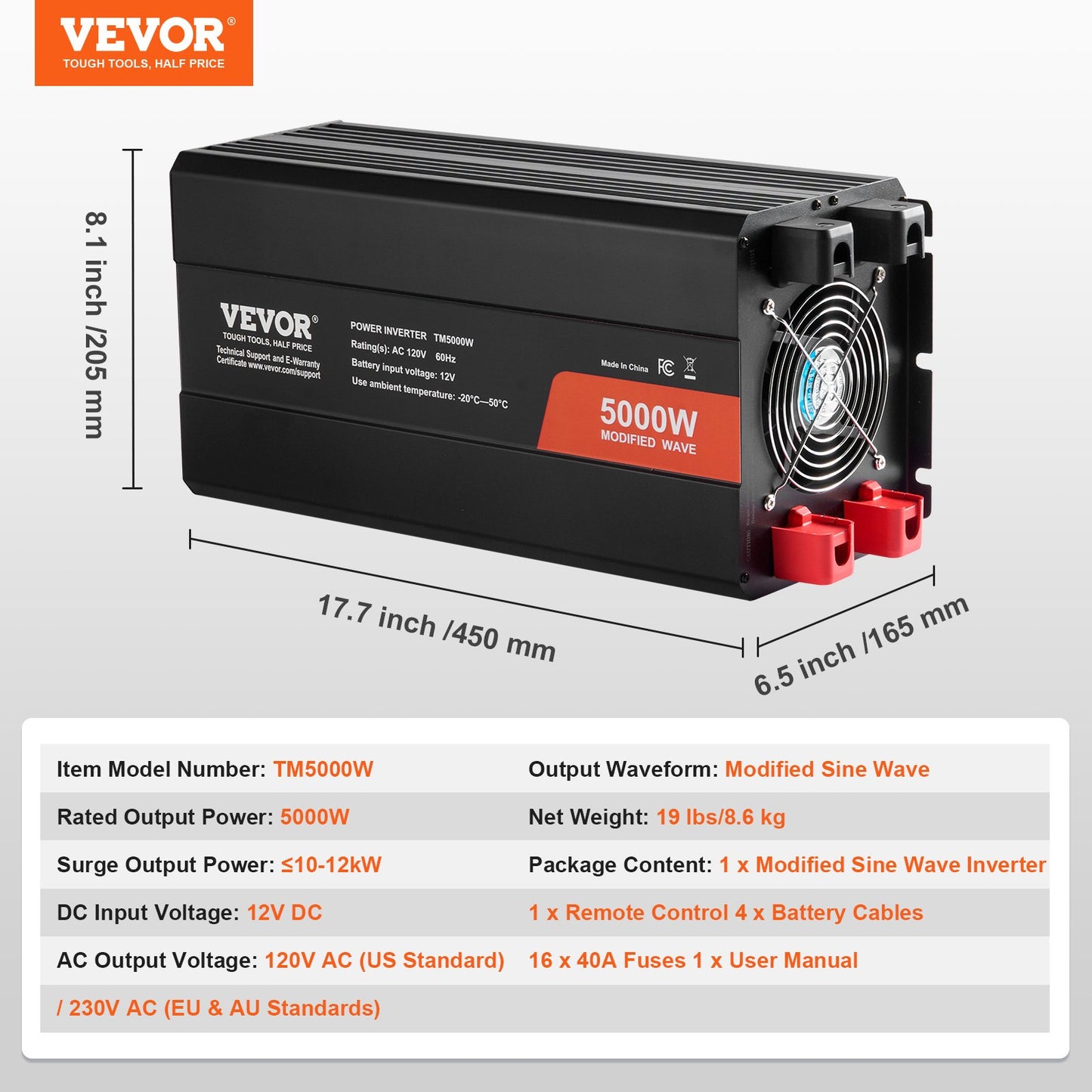 Modifierad sinusvågsväxelriktare, 5000W, DC 12V till AC 230V växelriktare med 2 AC-uttag, 2 USB-portar, 1 typ-C-port, LCD-skärm och fjärrkontroll för hushållsapparater med hög belastning, CE FCC-certifierad