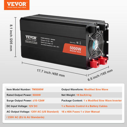 Modifierad sinusvågsväxelriktare, 5000W, DC 12V till AC 230V växelriktare med 2 AC-uttag, 2 USB-portar, 1 typ-C-port, LCD-skärm och fjärrkontroll för hushållsapparater med hög belastning, CE FCC-certifierad