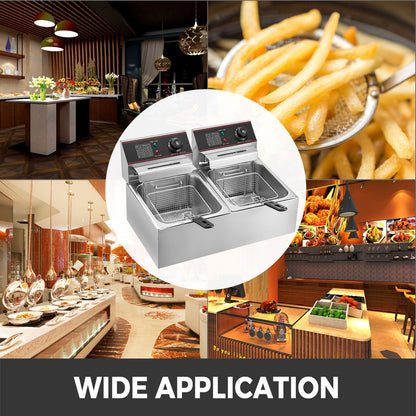 Commercial Deep Fryer 12L Electric Fryer 5000W Twin Basket YB-82 Dual Tank Electric Deep Fryer Countertop Stainless Steel French Fry for Commercial Uses