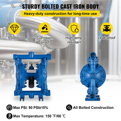 Air-Operated Double Diaphragm Pump, 1/2 in Inlet & Outlet, Cast Iron Body, 3 GPM & Max 90 PSI, Nitrile Diaphragm Pneumatic Transfer Pump for Petroleum, Diesel, Oil & Low Viscosity Fluids