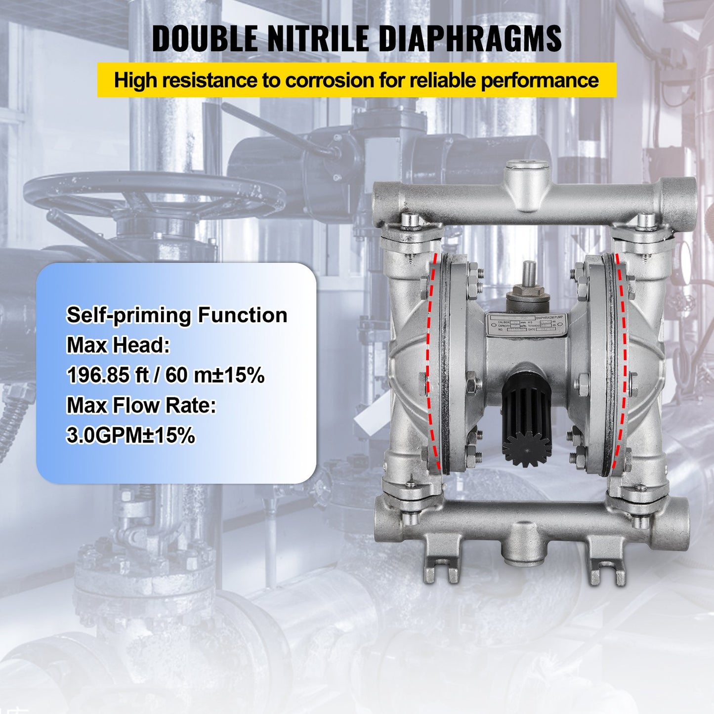 Luftdriven dubbelmembranpump, inlopp och utlopp, hus i rostfritt stål, 11,36 l/min, pneumatisk PTFE-membranöverföringspump för petroleum, diesel, olja och lågviskösa vätskor