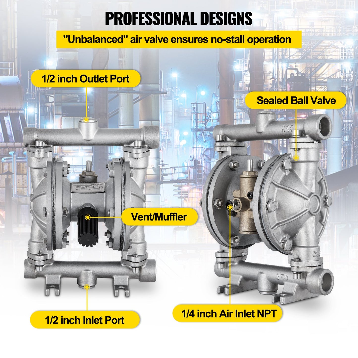Luftdriven dubbelmembranpump, inlopp och utlopp, hus i rostfritt stål, 11,36 l/min, pneumatisk PTFE-membranöverföringspump för petroleum, diesel, olja och lågviskösa vätskor