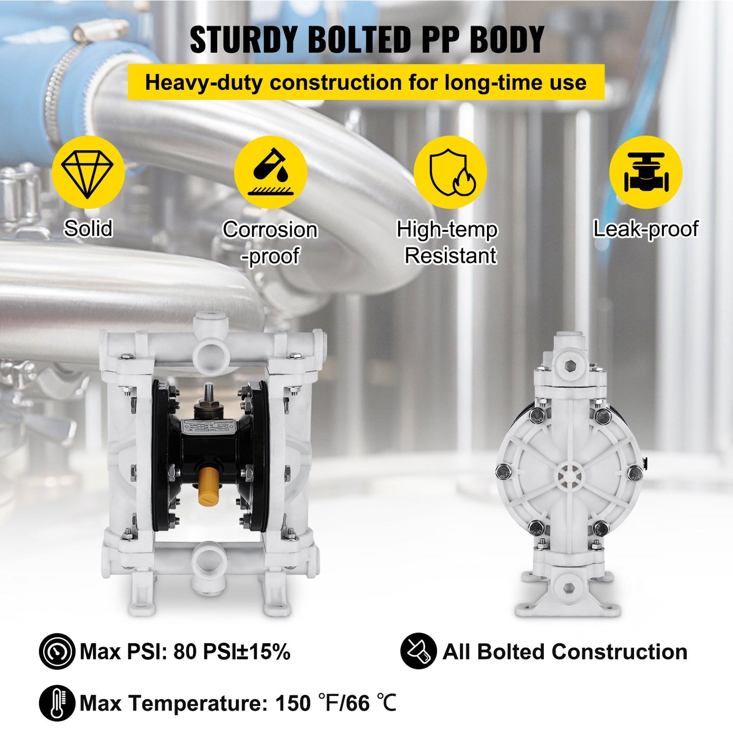 Luftdriven dubbelmembranpump, inlopp och utlopp, polypropylenhus, 9,46 l/min, PTFE-membran pneumatisk överföringspump för petroleum, diesel, olja och lågviskösa vätskor