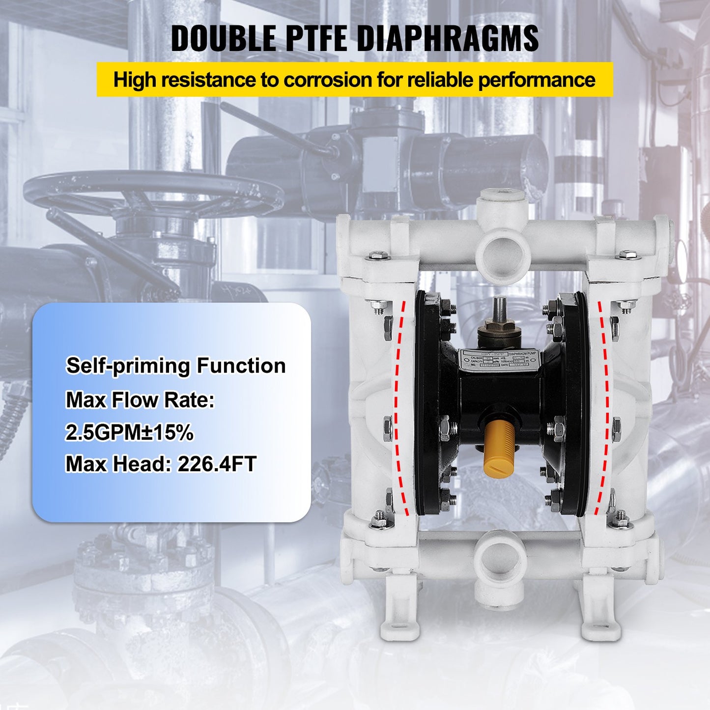 Luftdriven dubbelmembranpump, inlopp och utlopp, polypropylenhus, 9,46 l/min, PTFE-membran pneumatisk överföringspump för petroleum, diesel, olja och lågviskösa vätskor