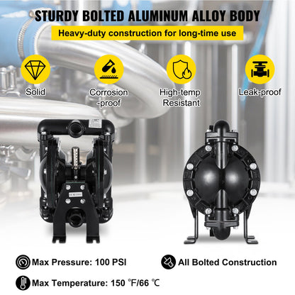 Air-Operated Double Diaphragm Pump 1 inch Inlet Outlet Aluminum 35 GPM Max 120PSI, Nitrile Diaphragm, QBY4-25L-1inch-35