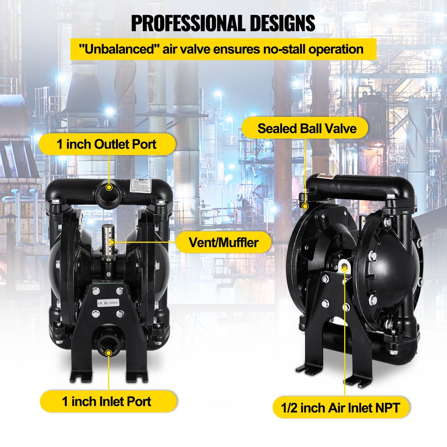 Air-Operated Double Diaphragm Pump 1 inch Inlet Outlet Aluminum 35 GPM Max 120PSI, Nitrile Diaphragm, QBY4-25L-1inch-35