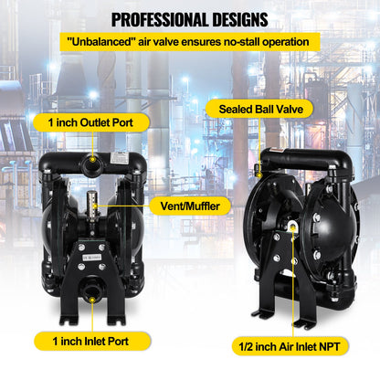 Air-Operated Double Diaphragm Pump 1 inch Inlet Outlet Aluminum 35 GPM Max 120PSI, Nitrile Diaphragm, QBY4-25L-1inch-35