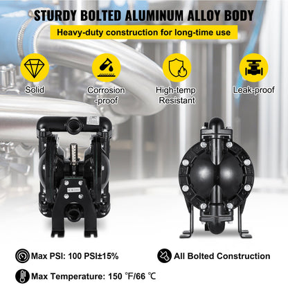 Luftdriven dubbelmembranpump 25,4 mm (1 tum) Inlopp Utlopp Aluminium 91 L/min (24 GPM) Max 8 bar (120 PSI) för industriellt bruk