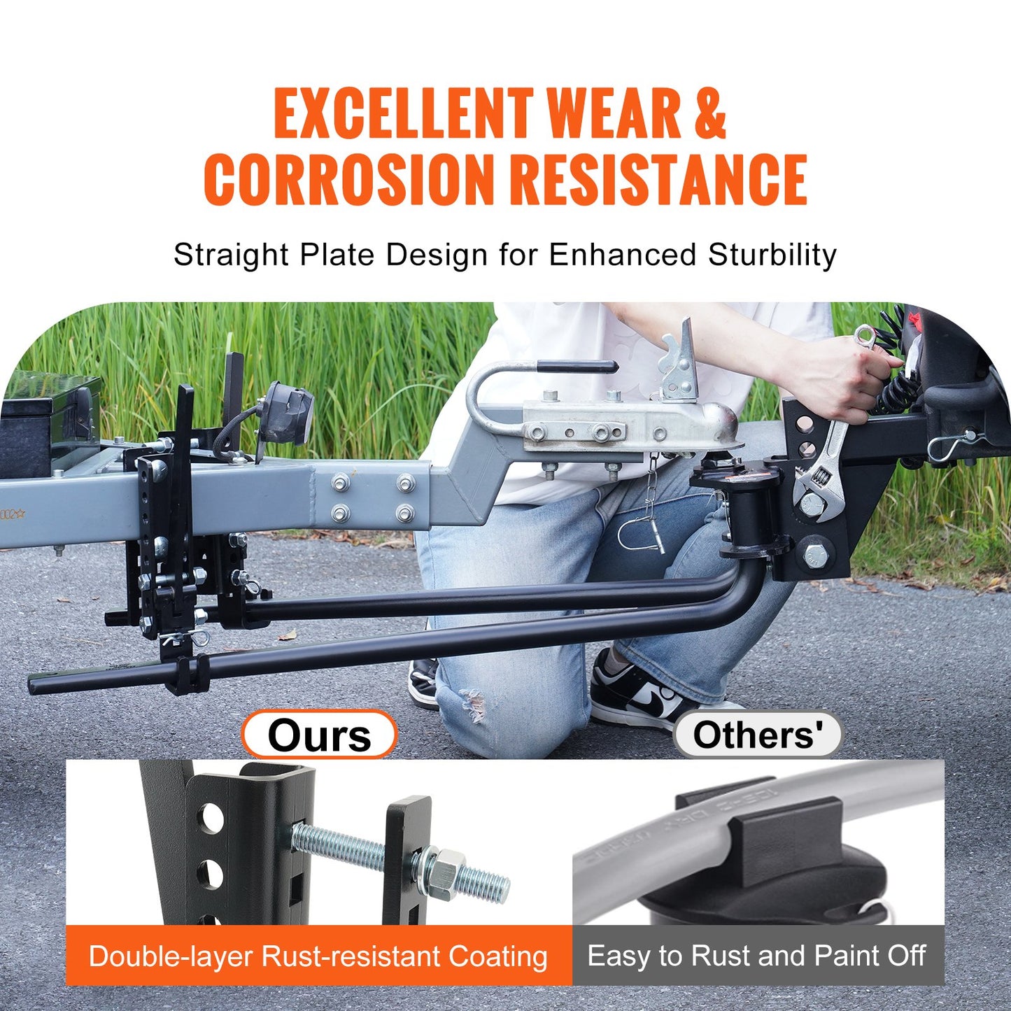 Viktfördelningsdrag, 1 500 lbs viktfördelande dragkroksats med krängningskontroll för släpvagn, 2-tums massivt stålskaft, 2-5/16 tum legerat stålkula, pulverlackerad lastutjämnande dragkrok, svart