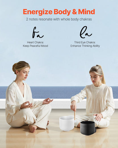 2 st kristallskålar, 8-tums och 10-tums A- och F-noter, skål i frostad kvarts med 10-tums bärväska, 1 gummiklubba och 2 O-ringar, perfekt för meditation, yoga, ljudhealing