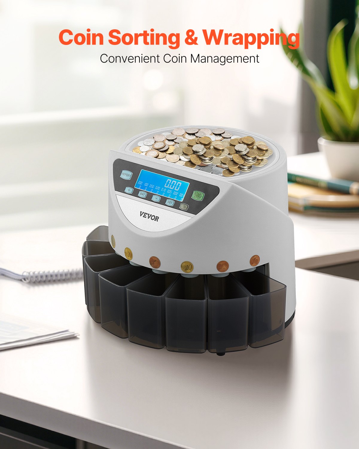 EURO-myntsorterare, mynträknare för 8 typer av euromynt, myntsorterare och inslagningsmaskin rymmer upp till 850 mynt, stor LCD-skärm, myntförvaring ingår, 5 myntrör och askar