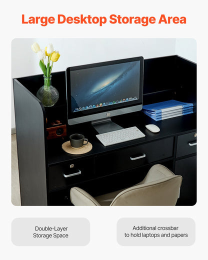 Reception Desk, 47.24 x 18.9 x 39.37 in Rectangular Front Counter Table, Office Reception Counter with Lockable Drawer and Storage Cabinet, for Checkout, Lobby, Beauty Salon and Office, Black