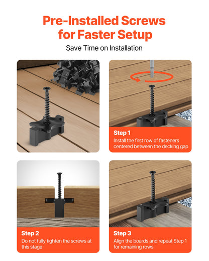 250 st dolda däckfästen för komposittrallbrädor, universella komposit-T-klämmor och dolda plastfästen med metallskruvar, polypropylen-PP-klämmor fungerar med 6,5 mm springor, svarta