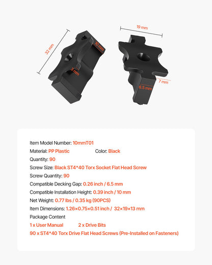 90 st dolda däckfästen för komposittrallbrädor, universella komposit-T-klämmor och dolda plastfästen med metallskruvar, polypropylen-PP-klämmor fungerar med 6,5 mm springor, svarta