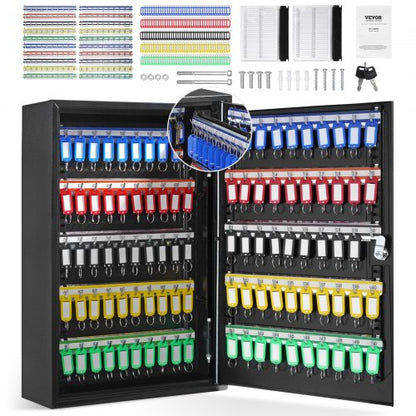 Skåp med 200 nycklar, nyckellåslåda med justerbara hyllor, säkerhetsnyckelförvaringslåda i stål, nyckelorganisatör med 200 färgglada nyckelbrickor och 4 registerkort för skola, kontor, hotell