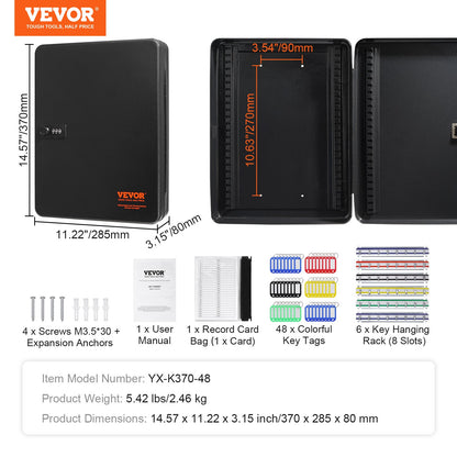 Skåp med 48 nycklar, nyckelskåp med kombinations- och nyckellås, digital säkerhetsförvaringslåda i stål med nyckelorganisatör och justerbara hyllor, 48 st färgglada nyckelbrickor och ett registerkort för skola, kontor, hotell