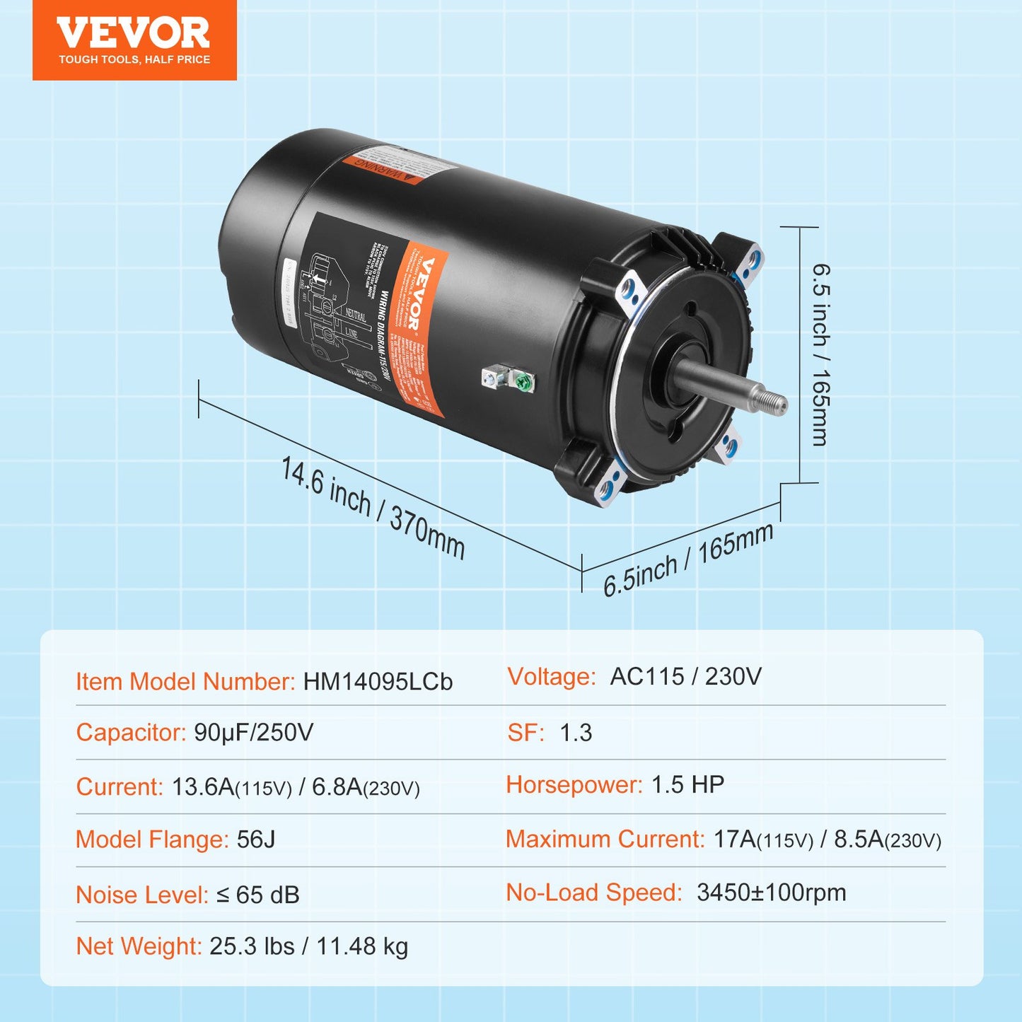 1,5 hk poolpumpmotor, 56J ram, 115V (13,6 ampere)/230V (6,8 ampere) 3450 varv/min, 60Hz, 1,3 servicefaktor, 90μF/250V kondensator, motursroterande rundflänsmotor för reservdelar