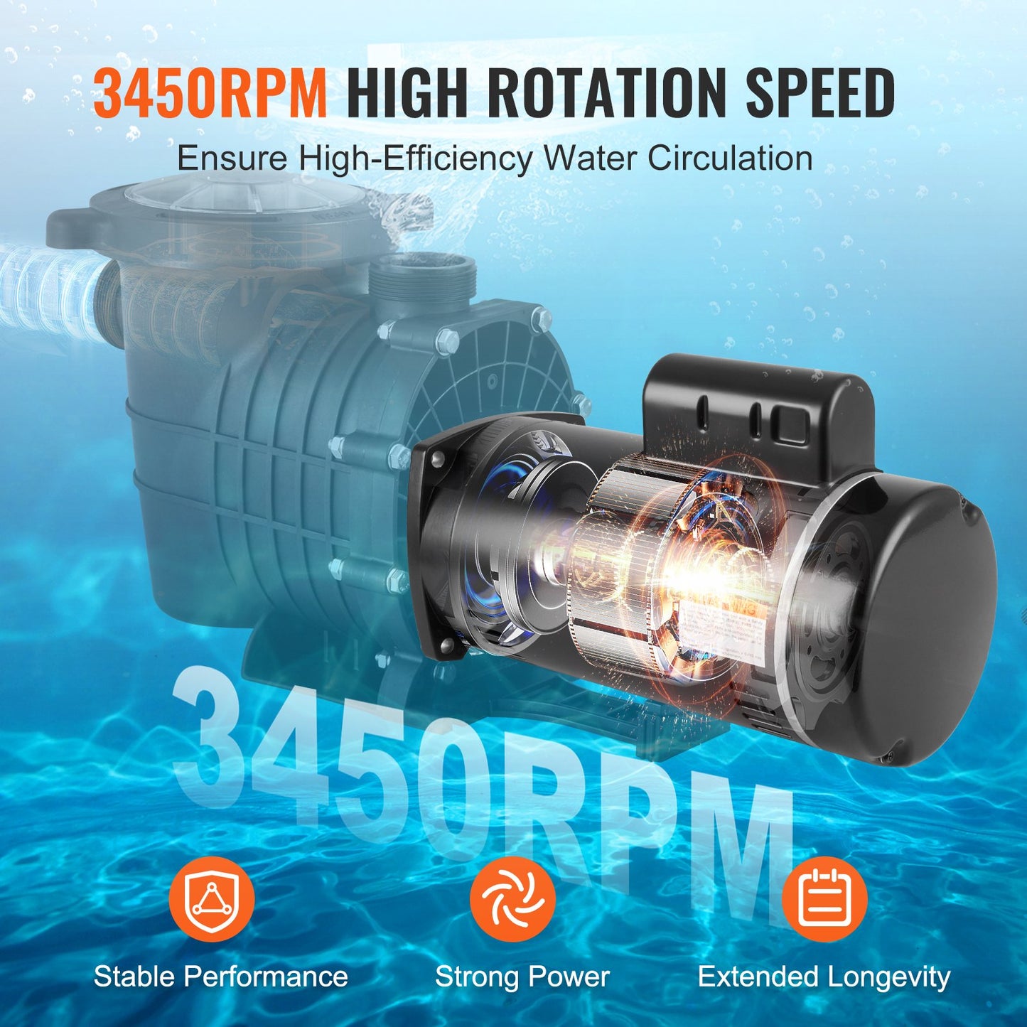 1,5 hk poolpumpmotor, 56Y-ram, 115 V (12,8 ampere))/230 V (6,4 ampere) 3450 varv/min, 60 Hz, 1,1 servicefaktor, 90 μF/250 V kondensator, utbytesmotor med fyrkantig fläns och moturs rotation