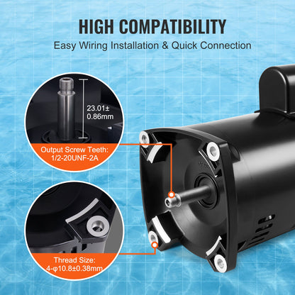 1,5 hk poolpumpmotor, 56Y-ram, 115 V (12,8 ampere))/230 V (6,4 ampere) 3450 varv/min, 60 Hz, 1,1 servicefaktor, 90 μF/250 V kondensator, utbytesmotor med fyrkantig fläns och moturs rotation