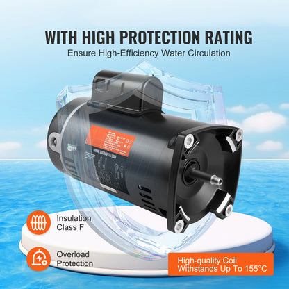 1,5 hk poolpumpmotor, 56Y-ram, 115 V (12,8 ampere))/230 V (6,4 ampere) 3450 varv/min, 60 Hz, 1,1 servicefaktor, 90 μF/250 V kondensator, utbytesmotor med fyrkantig fläns och moturs rotation