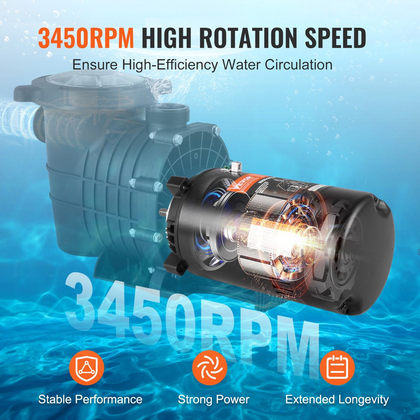 1 hk poolpumpmotor, 56J ram, 115V (9,8 ampere)/230V (4,9 ampere) 3450 varv/min, 60Hz, 1,4 servicefaktor, 90μF/250V kondensator, motursroterande rundflänsmotor för reservdelar