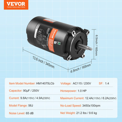 1 hk poolpumpmotor, 56J ram, 115V (9,8 ampere)/230V (4,9 ampere) 3450 varv/min, 60Hz, 1,4 servicefaktor, 90μF/250V kondensator, motursroterande rundflänsmotor för reservdelar