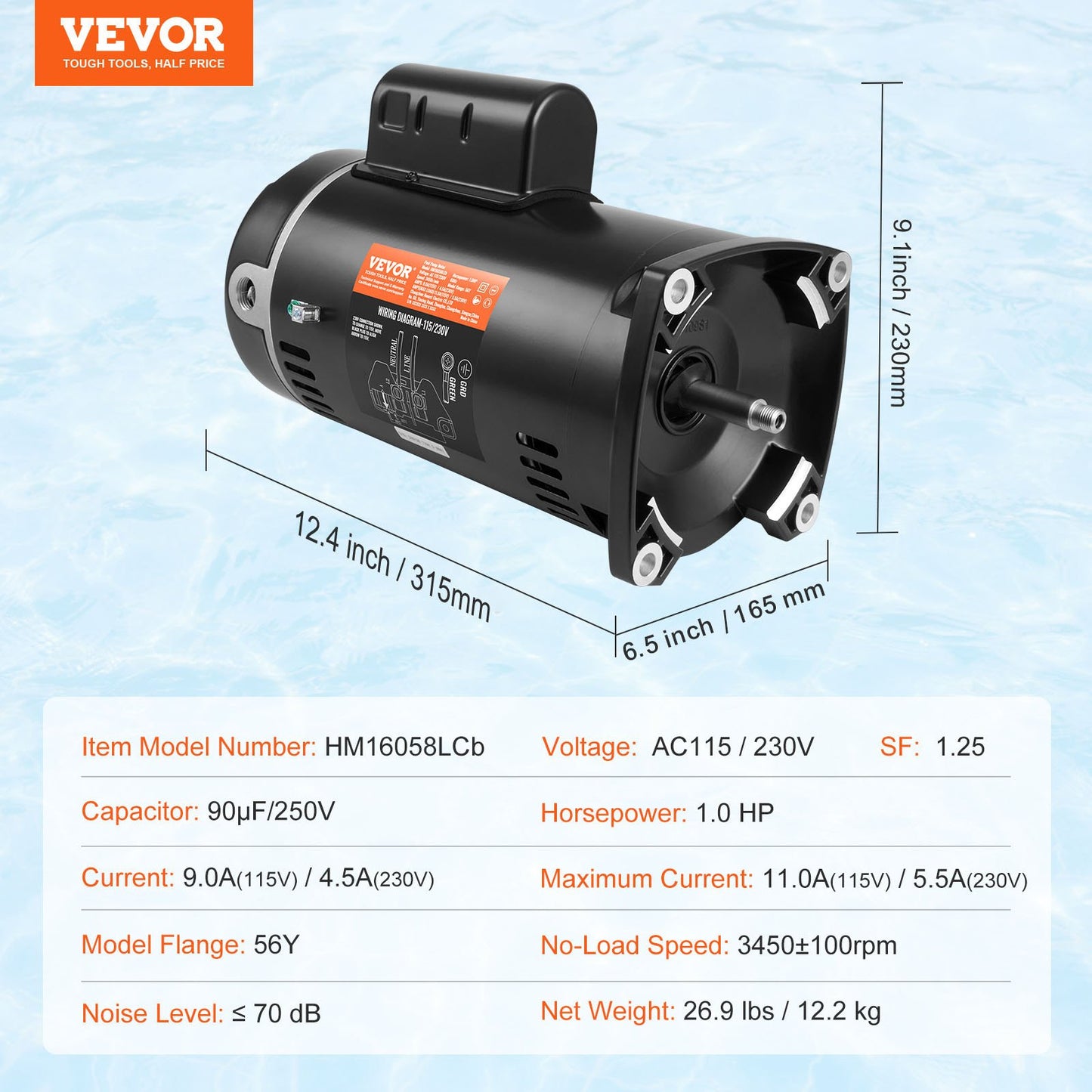 1 hk poolpumpmotor, 56Y-ram, 115 V (9 ampere)/230 V (4,5 ampere) 3450 varv/min, 60 Hz, 1,25 servicefaktor, 90 μF/250 V kondensator, utbytesmotor med moturs rotation och fyrkantig fläns.