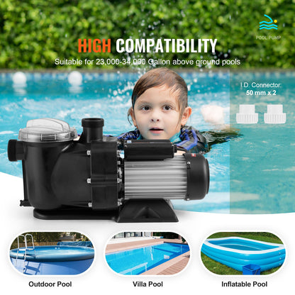 Ovanmarkspump för pool, 1118 W (1,5 hk), 378 l/min (100 gpm) max. flöde, poolpump med en hastighet, 220 V 2850 varv/min 15 m, max. lyfthöjd och filterkorg, för ovanmarkspooler, bubbelpooler och spabad, UL-certifierad