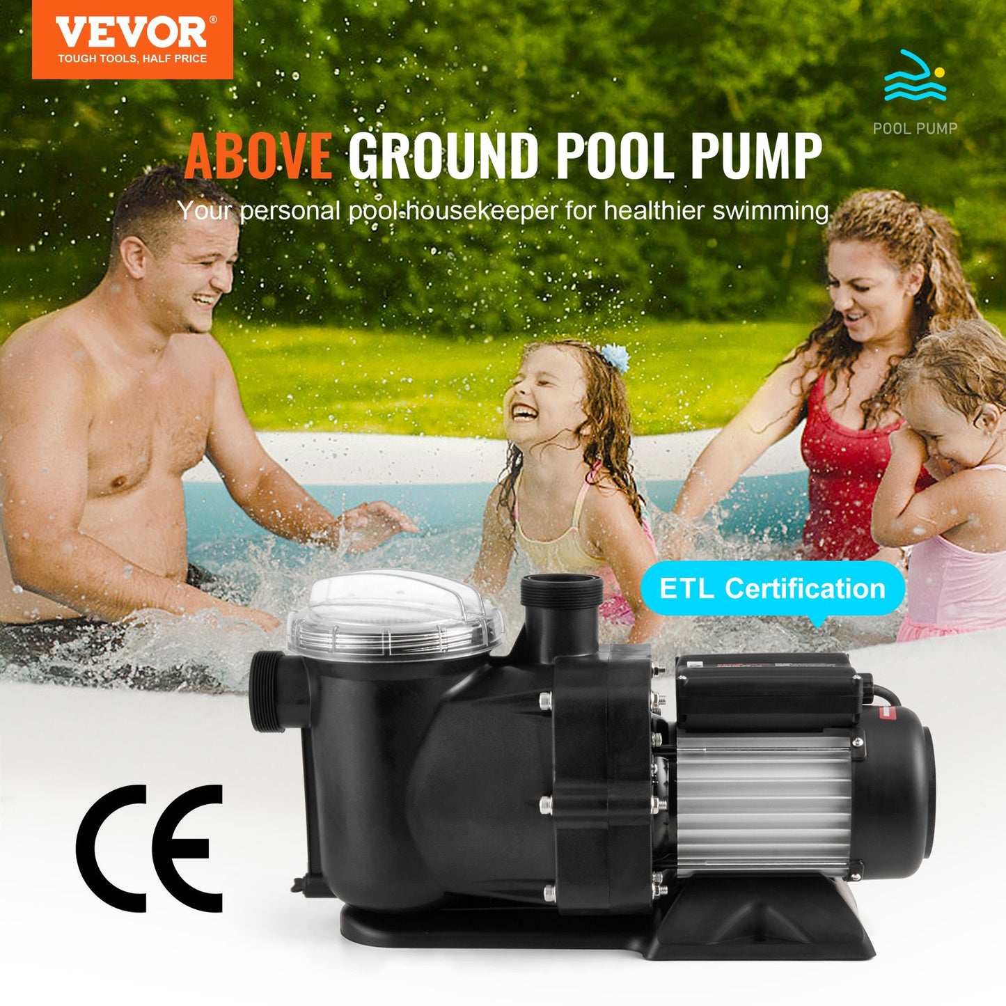 Ovanmarkspump för pool, 1491 W (2 hk), 435 l/min (115 gpm) max. flöde, poolpump med en hastighet, 220 V 2850 varv/min 15 m, max. lyfthöjd, poolpump med filterkorg, för ovanmarkspooler, bubbelpooler, spa, UL-certifierad