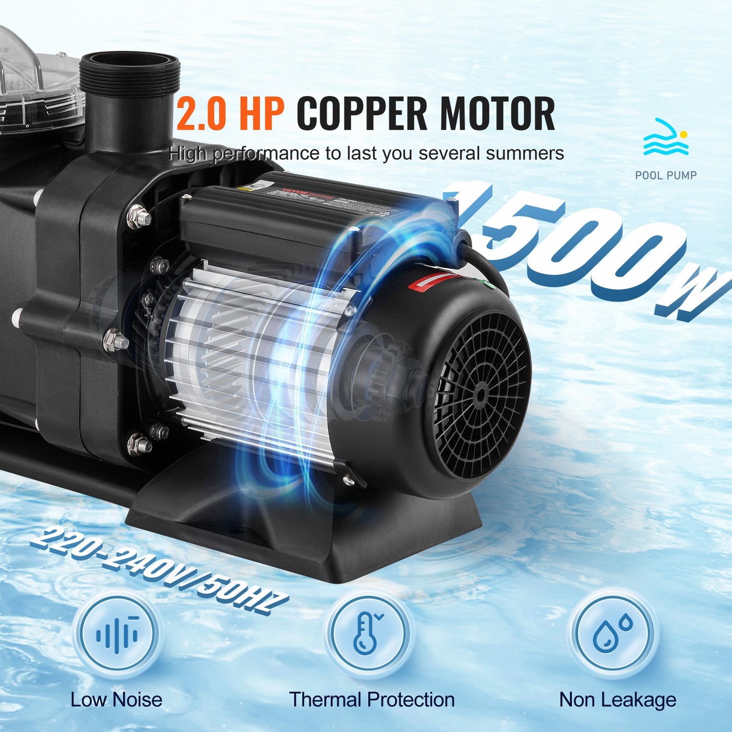 Ovanmarkspump för pool, 1491 W (2 hk), 435 l/min (115 gpm) max. flöde, poolpump med en hastighet, 220 V 2850 varv/min 15 m, max. lyfthöjd, poolpump med filterkorg, för ovanmarkspooler, bubbelpooler, spa, UL-certifierad