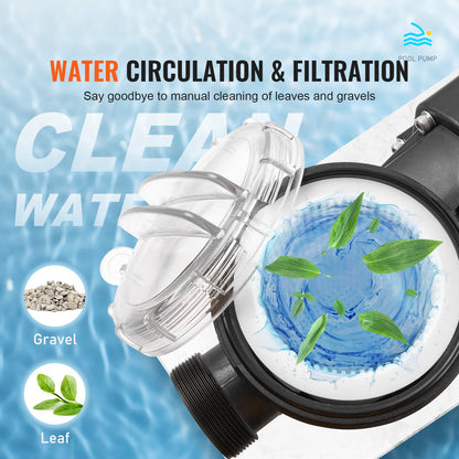 Ovanmarkspump för pool, 1491 W (2 hk), 435 l/min (115 gpm) max. flöde, poolpump med en hastighet, 220 V 2850 varv/min 15 m, max. lyfthöjd, poolpump med filterkorg, för ovanmarkspooler, bubbelpooler, spa, UL-certifierad