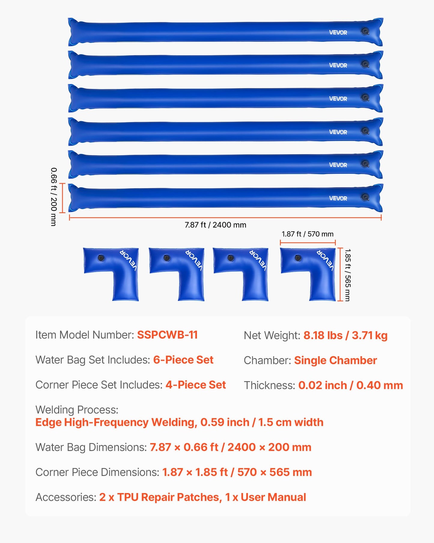 Set med vattenpåsar för poolöverdrag, 6-pack, 2400 mm vattenpåsar för enkelkammare och 4 hörnrör, 0,4 mm tjocka PVC-påsvikter med läckagesäker ventil, för vinterpoolöverdrag