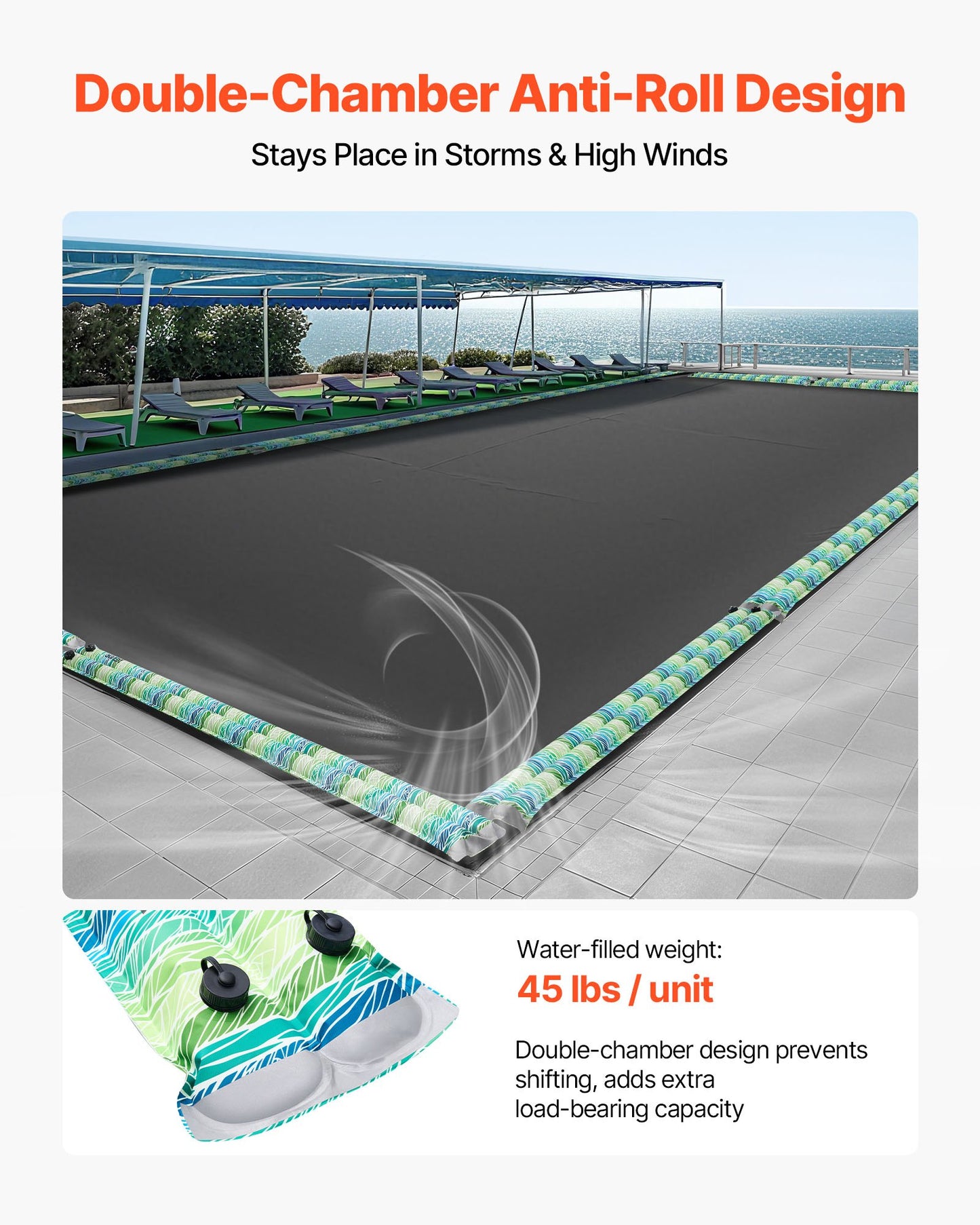 Poolskyddspåsar, 5-pack 2400 mm, vattenslangar med dubbelkammare och reflexremsor, 0,3 mm tjocka PVC-påsar med vikter och läckagesäkert skruvlock, för vinterpoolskydd