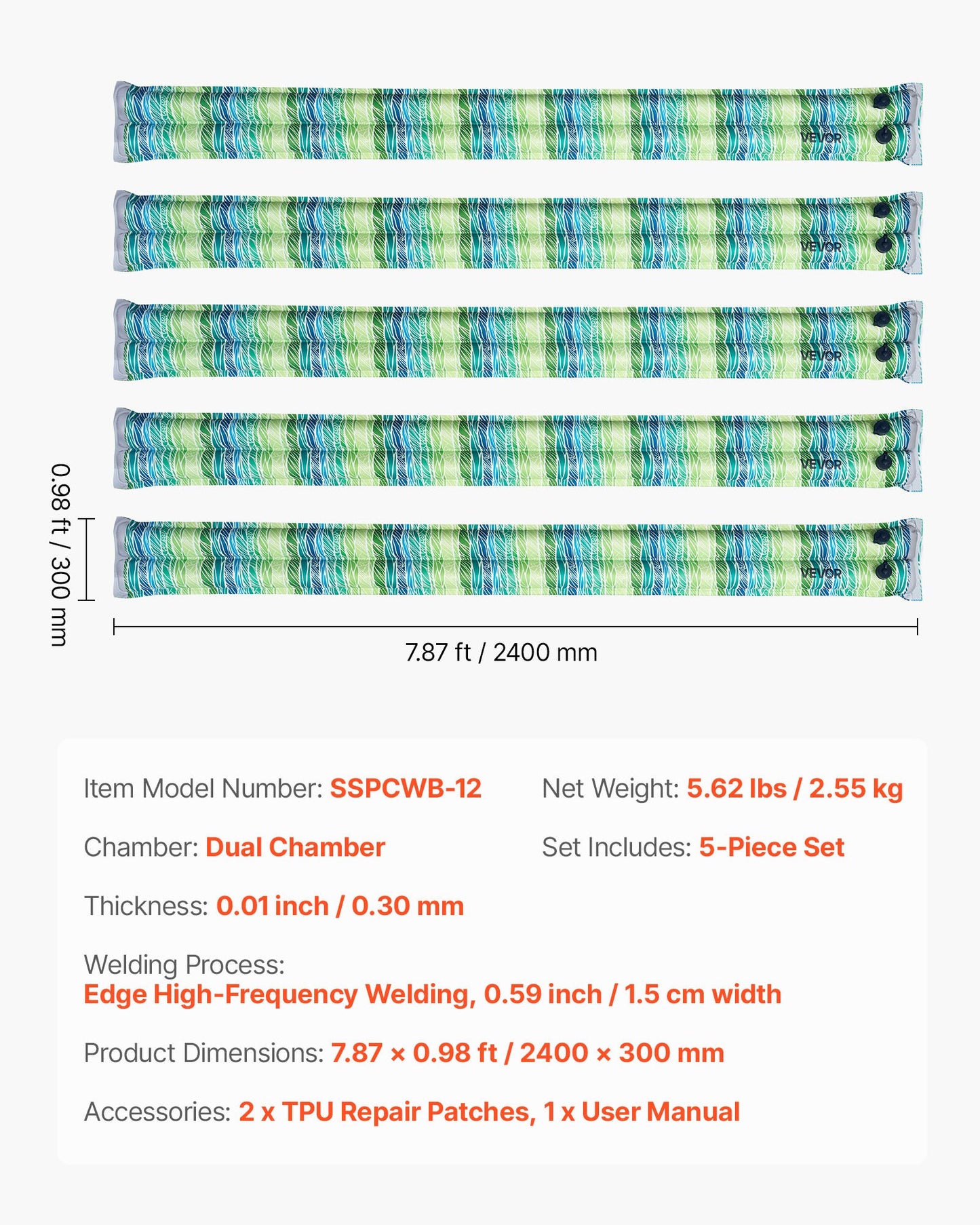 Poolskyddspåsar, 5-pack 2400 mm, vattenslangar med dubbelkammare och reflexremsor, 0,3 mm tjocka PVC-påsar med vikter och läckagesäkert skruvlock, för vinterpoolskydd