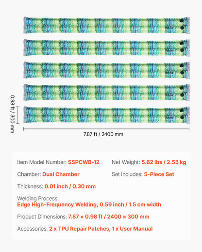 Poolskyddspåsar, 5-pack 2400 mm, vattenslangar med dubbelkammare och reflexremsor, 0,3 mm tjocka PVC-påsar med vikter och läckagesäkert skruvlock, för vinterpoolskydd