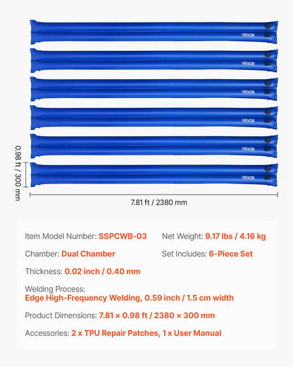 Poolskyddsvattenpåsar, 6-pack 2380 mm dubbelkammarslangar för poolskydd, 0,4 mm tjocka PVC-vikter med läckagesäkert skruvlock, för nedgrävda poolskydd vinterstängning, blå