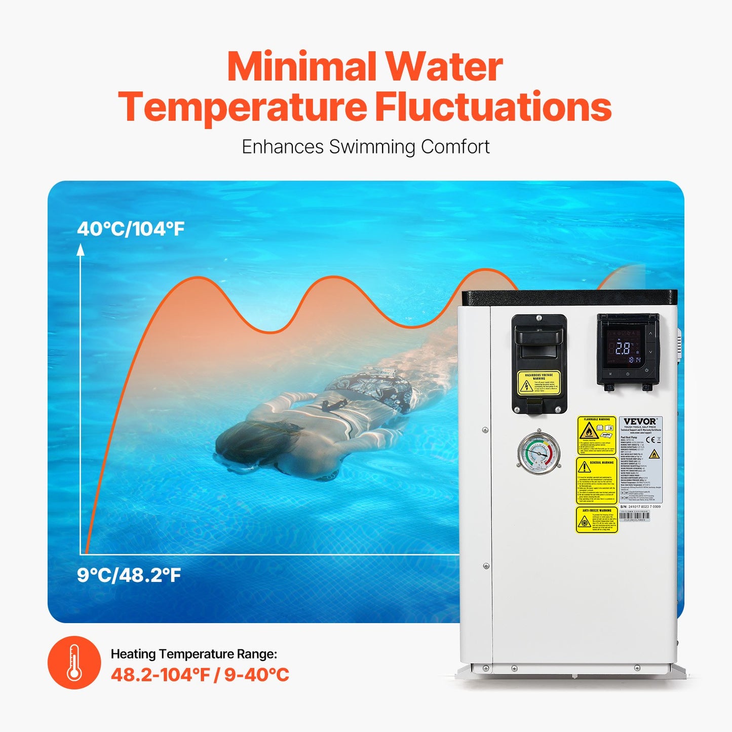 Elektrisk poolvärmepump, 3,22-15,25 kW värmekapacitet, energibesparande poolvärmare med variabel frekvens för 30-60 m³ ovanmarkspooler, uppvärmning och kylning av poolvarmvattenberedare AC220-240V 50Hz