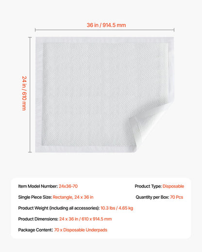 Engångsunderlägg, 24" x 36" inkontinensunderlägg, superabsorberande Chux-underlägg med 5-lagersskydd för bäddsoffa och madrass, skyddande sängvätningsunderlägg för husdjur, vuxna, barn och äldre (70-pack)
