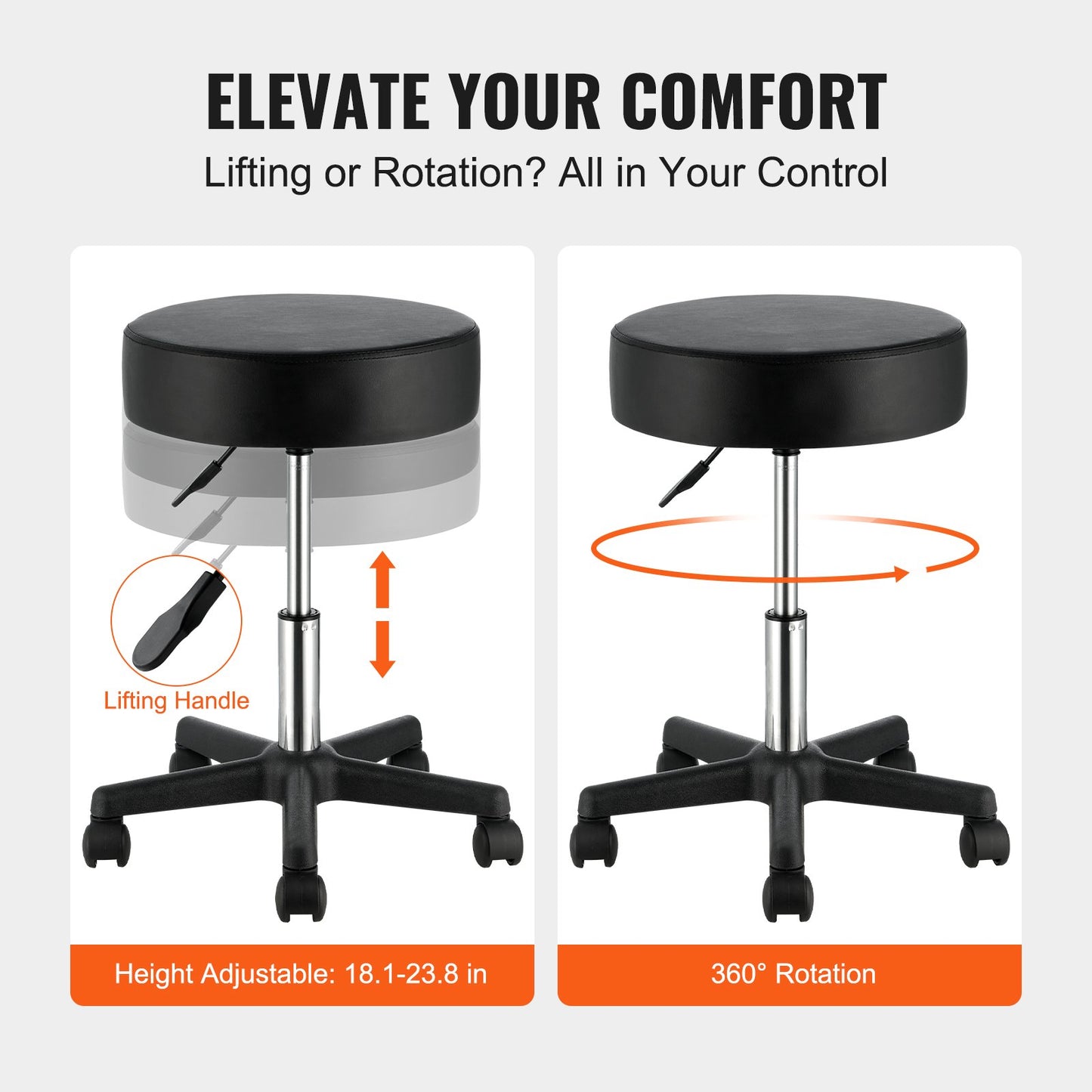 Rolling Stools with Wheels, 181.4 kg Weight Capacity Adjustable Height Stool with Ultra-Thick Seat Cushion, Swivel Stools Chair for Salon, Bar, Home, Office, Tatoo, Medical, Massage, Black